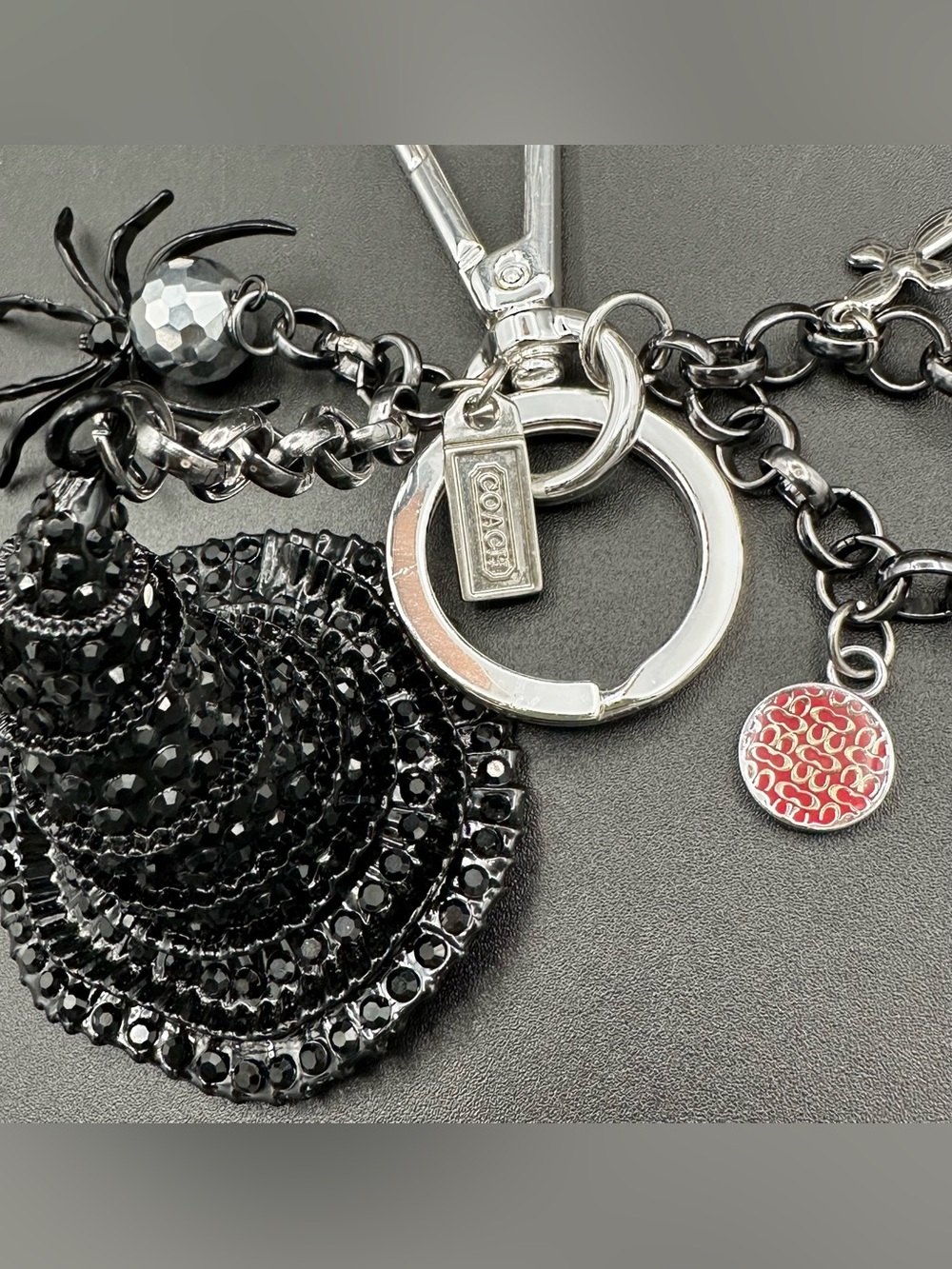 Upcycled Coach Wicked Hat Bag Charm reworked w Betsey Johnson Spider Keychain